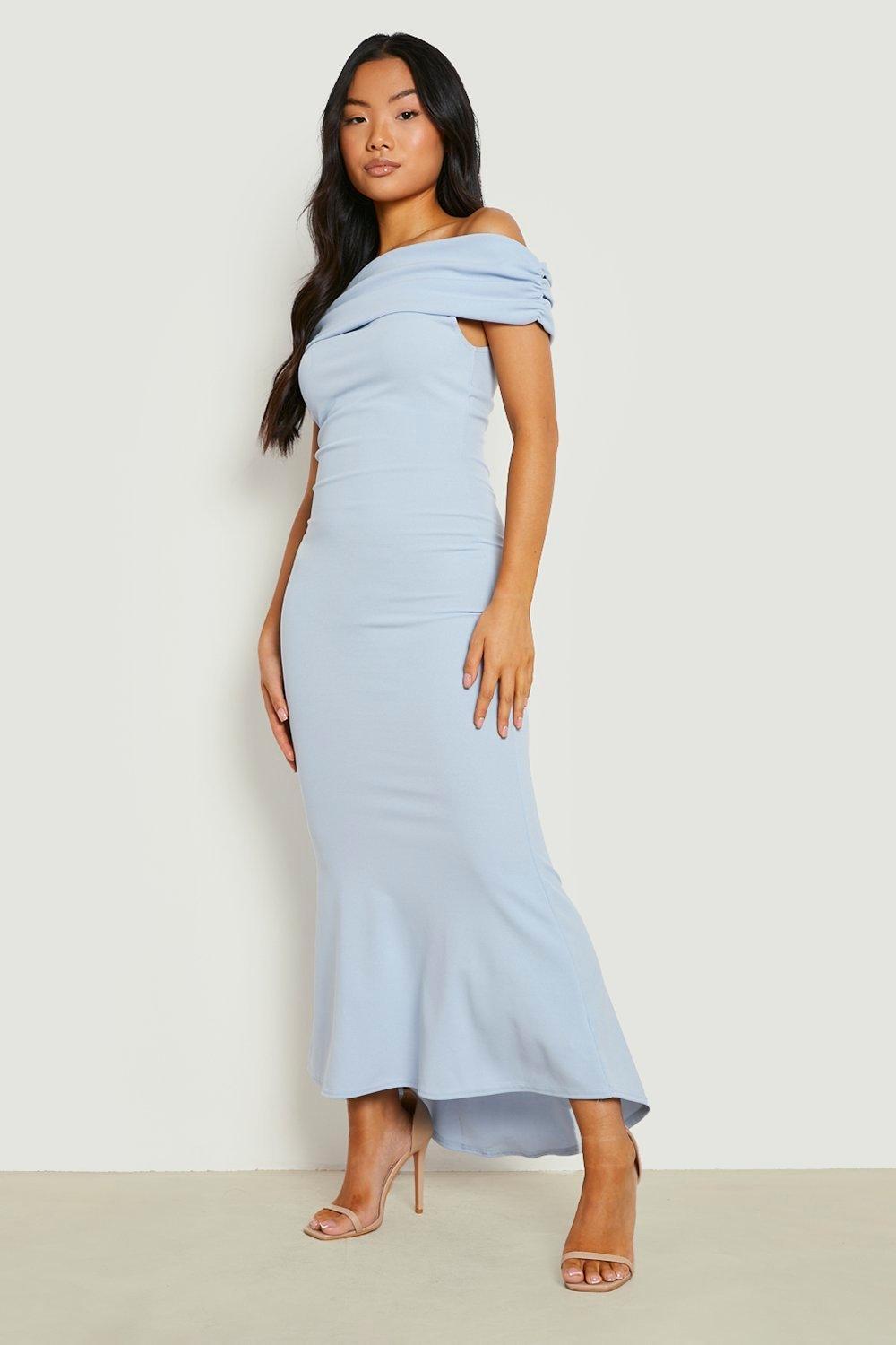 Dusty blue bardot 2024 frill hem midi dress